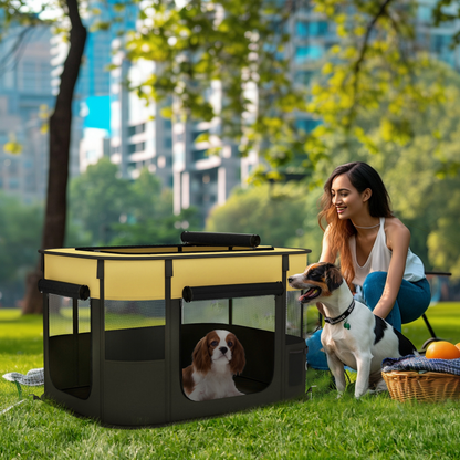 Yellow portable dog pen for puppies, rabbits, kittens, and guinea pigs by PawHut, featuring mesh sides and sturdy frame.