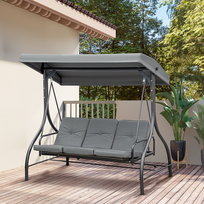 Outsunny 3 seater canopy swing chair porch hammock bed in dark grey with cushioned seating and supporting frame.
