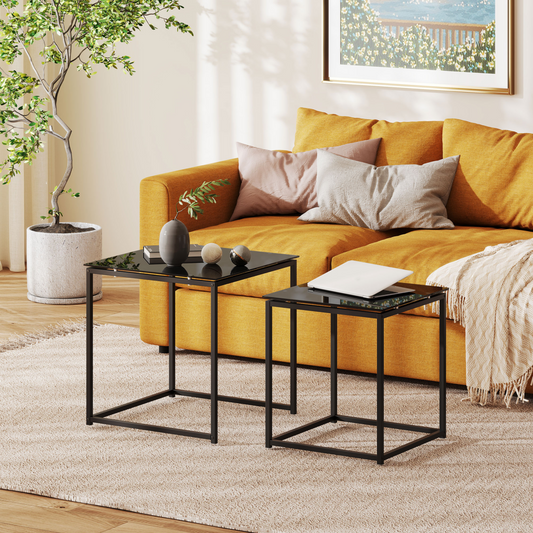 Nest of 2 black side tables with tempered glass tops, modern design, unbranded, ideal for living room or bedroom decor.