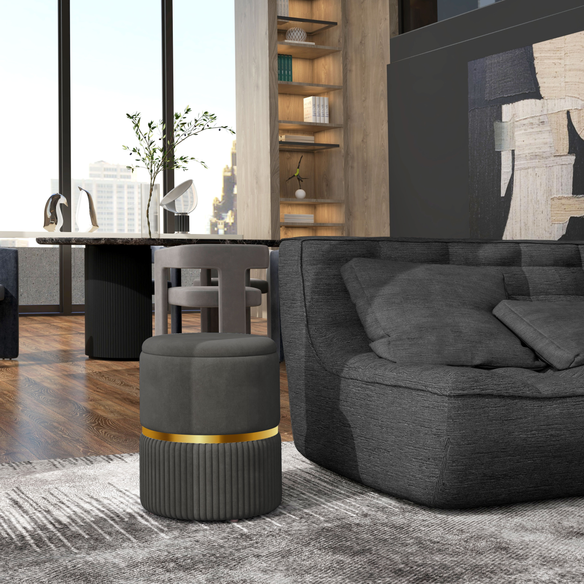 HOMCOM round pouffe with cushioned top and hidden storage space, serves as a comfortable footstool and stylish accent piece.