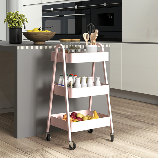3-Tier Rolling Utility Cart Kitchen Storage Trolley on Wheels Pink