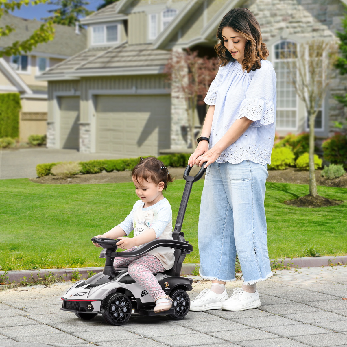 HOMCOM Lamborghini 2-in-1 baby ride-on push car in white with steering wheel and toddler push handle, designed for young children.