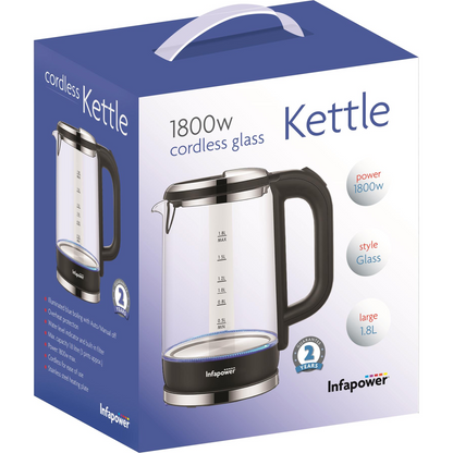 Infapower Glass Cordless Kettle with 1.7L capacity and 1800W power, featuring a transparent glass body and 360° swivel base.
