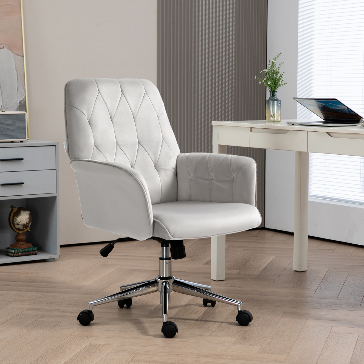 Swivel Computer Chair w/ Arm Modern Style Tufted Home Office Light Grey