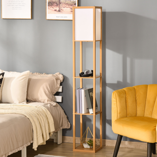HOMCOM 4-tier floor lamp with storage shelf, featuring a sleek design and multiple shelves for lighting and organization.