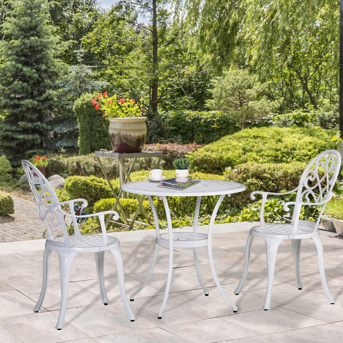 White cast aluminium 3-piece garden bistro set with table and two chairs for outdoor dining and patio decor.