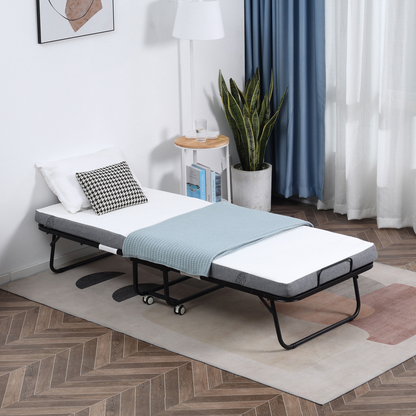 HOMCOM folding guest bed with 10cm mattress, portable metal frame and foldable design for easy storage and comfortable sleeping.
