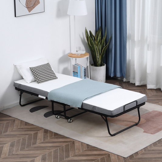 HOMCOM folding guest bed with 10cm mattress, portable metal frame and foldable design for easy storage and comfortable sleeping.