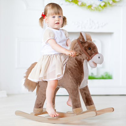 HOMCOM kids wooden rocking horse plush ride-on toy for children aged 3, featuring a sturdy wood frame and soft plush seat.