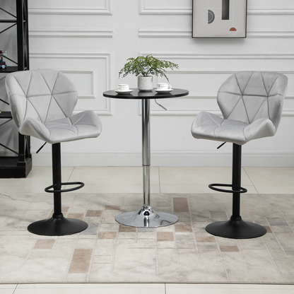 Set of 2 light grey fabric bar stools with adjustable height and metal bases, modern counter chairs for kitchen or bar area.