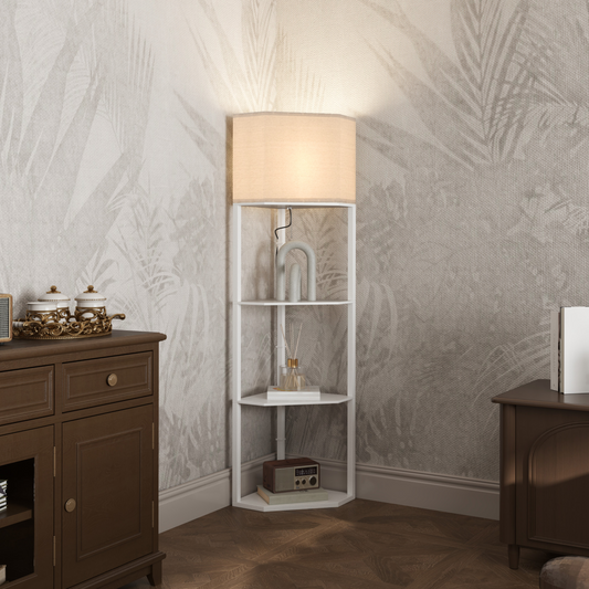 White corner floor lamp with built-in shelves from HOMCOM, featuring a modern design and multiple storage compartments.