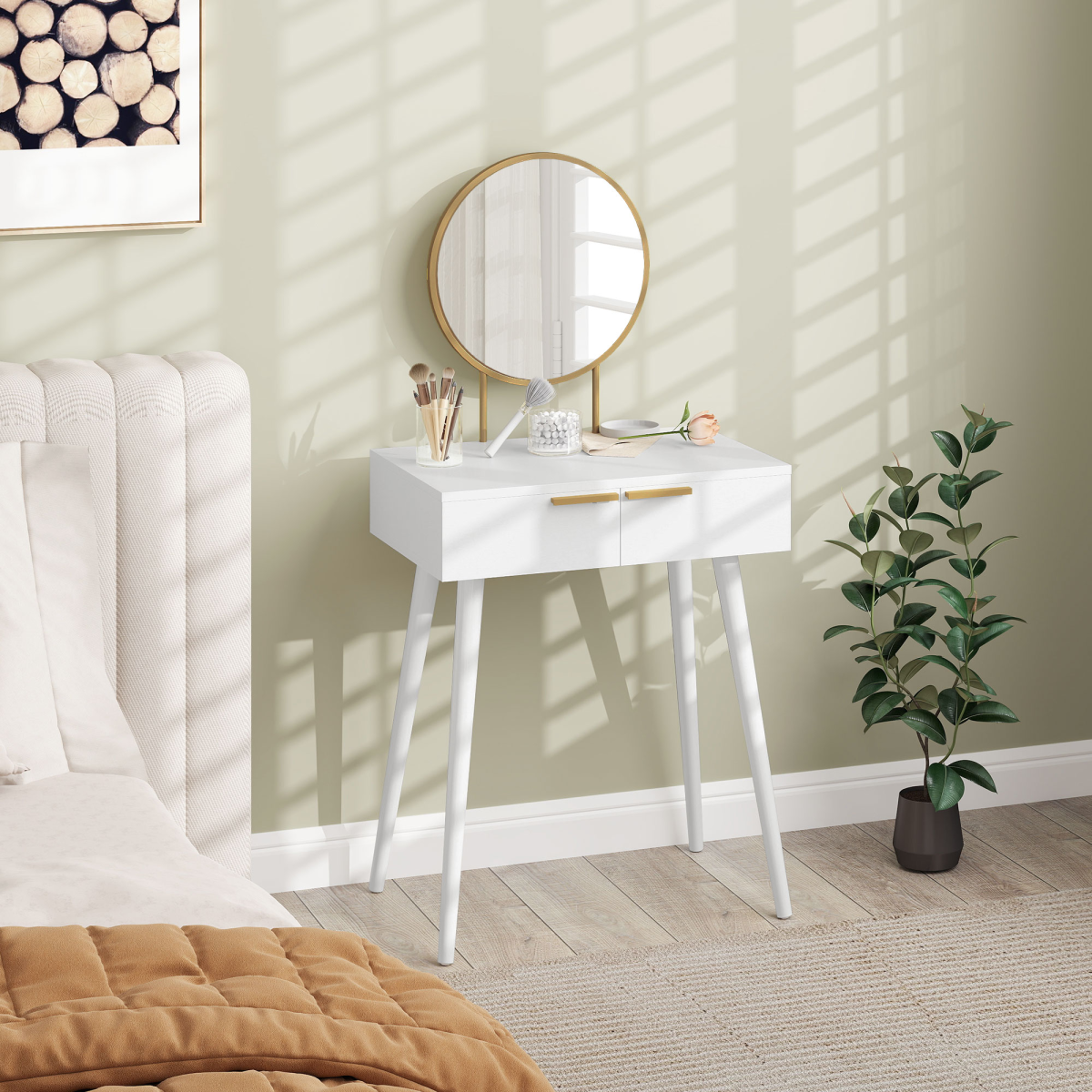 Modern Dressing Table w/ 2 Drawers Round Mirror for Bedroom White