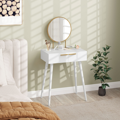 Modern Dressing Table w/ 2 Drawers Round Mirror for Bedroom White