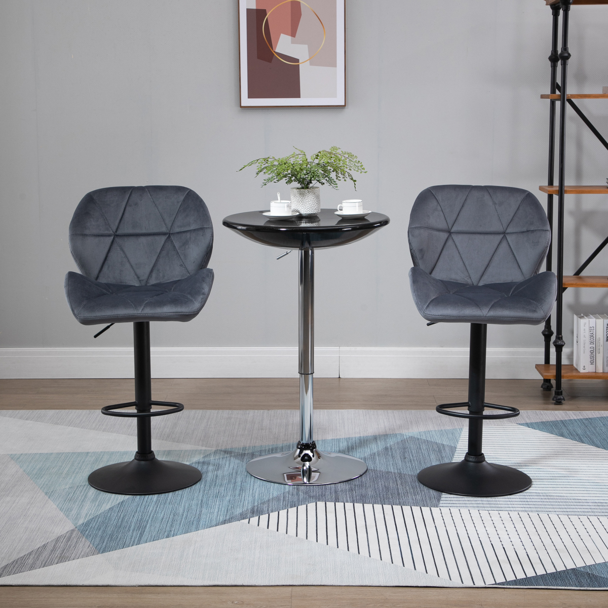 Pair of HOMCOM dark grey fabric bar stools, adjustable height counter chairs with modern design and sturdy metal bases.