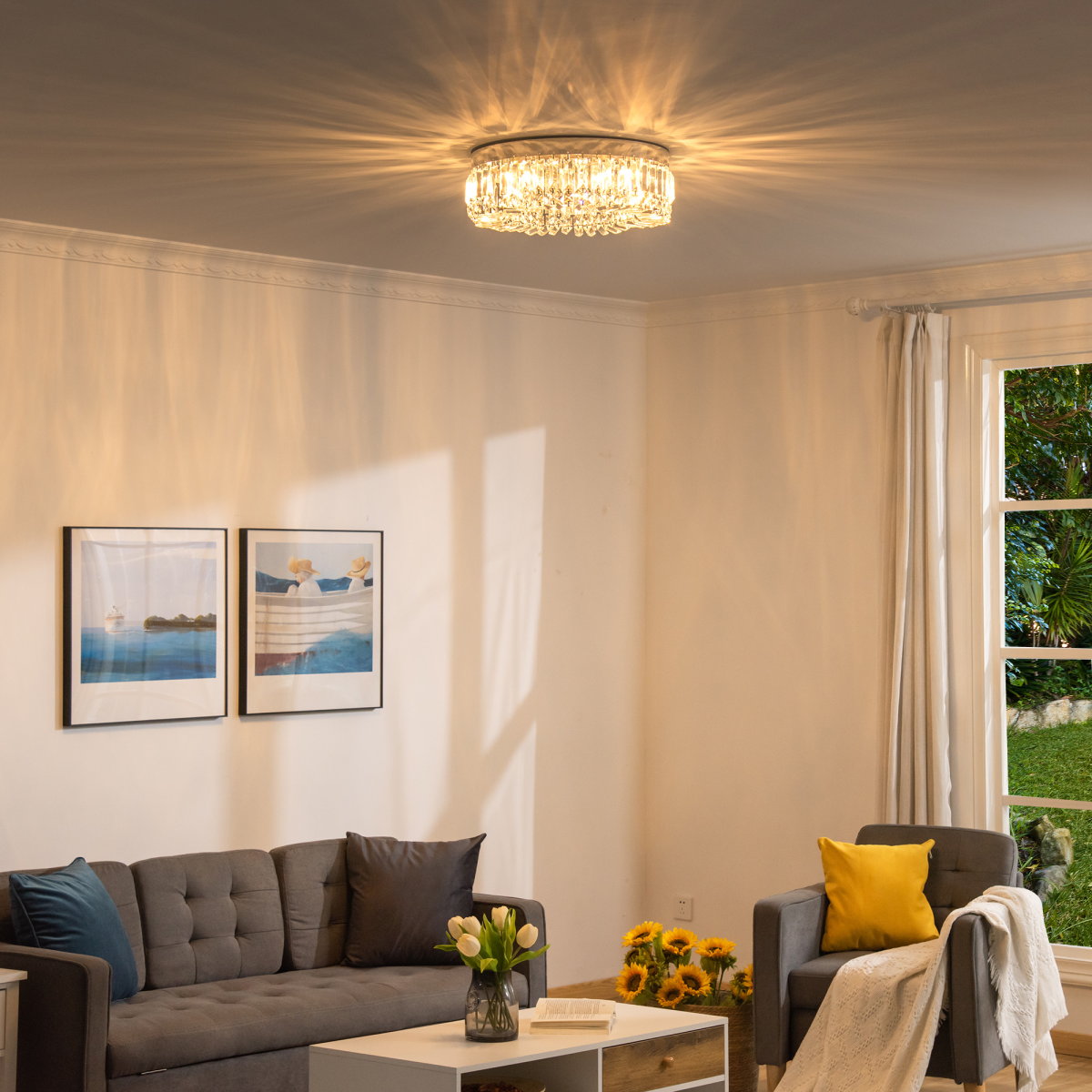 HOMCOM crystal ceiling light chandelier with stainless steel pendant and silver finish, featuring hanging glass crystals.
