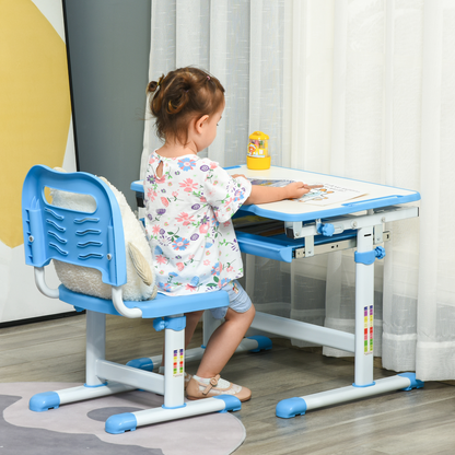 Kids desk and chair set with adjustable tilt, drawer, pen slot, and hook, designed for children’s study and play.