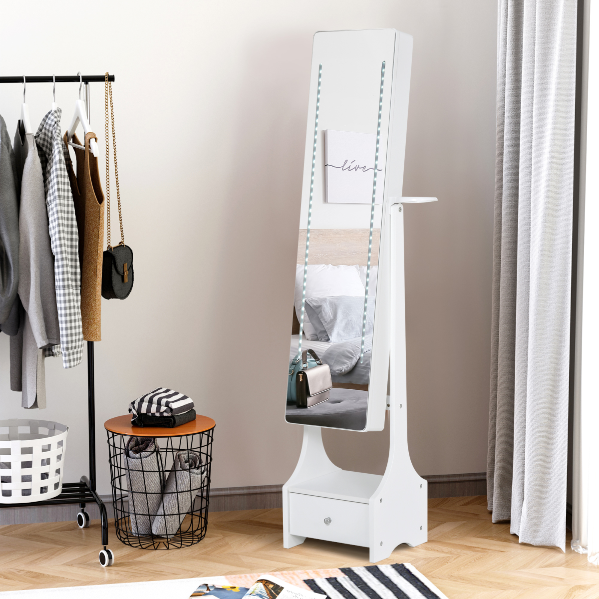 Freestanding jewelry storage mirror armoire with LED lights, hooks, and drawers for organizing necklaces, rings, and accessories.