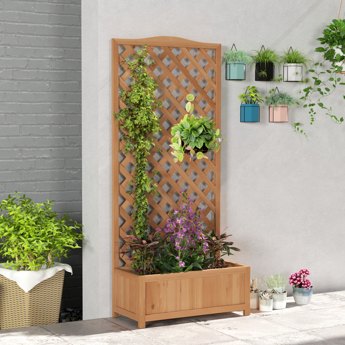 Outsunny garden wooden planter box with trellis, brown finish, 76x36x170cm, ideal for climbing plants and outdoor gardening.