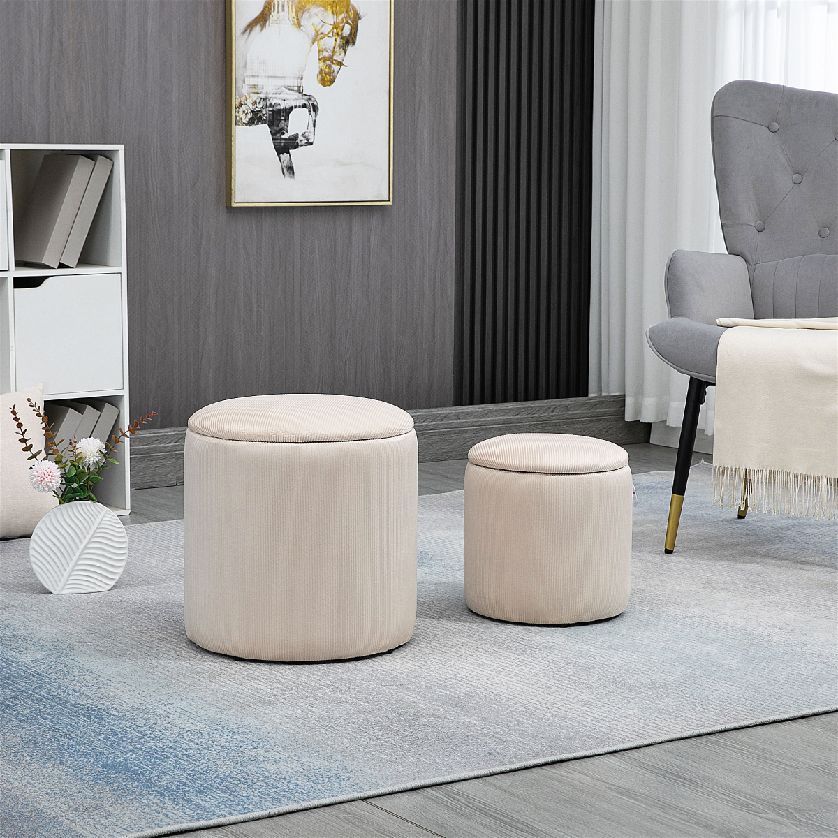 Modern Fabric Storage Ottoman with Removable Lid, Set of 2, Cream White