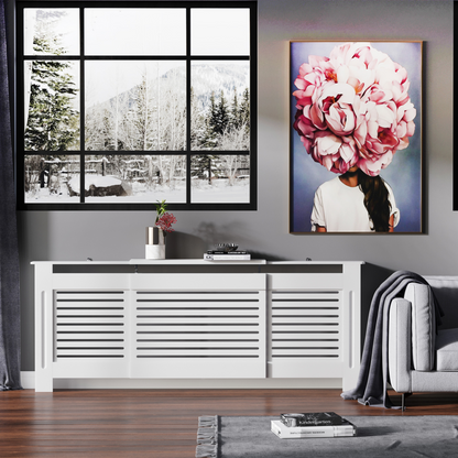 White extendable MDF radiator cover by HOMCOM, showing a sleek, modern design with adjustable panels for fitting different radiators.