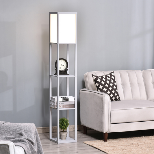 Grey 4-tier floor lamp with built-in storage shelf by HOMCOM, featuring a modern design and multi-level lighting.