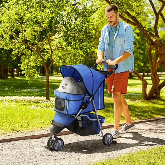 Three-wheel pet stroller pushchair for cats and puppies with canopy, featuring a comfortable carrier for easy outdoor walks.