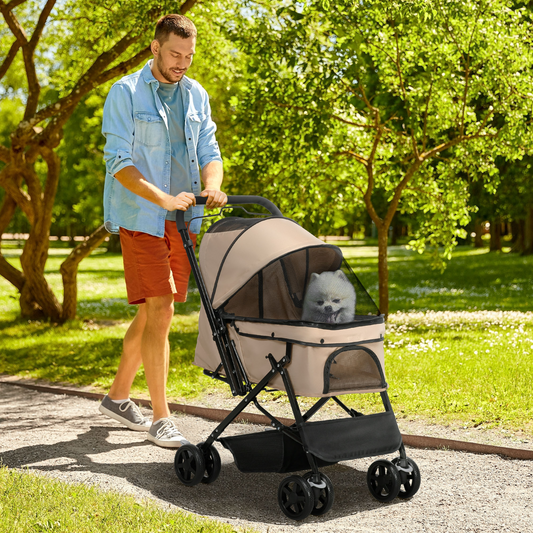 Brown foldable pet stroller with reversible handle by PawHut, designed for easy dog transport and travel.