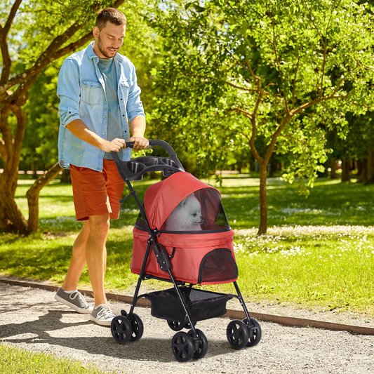Foldable no-zip pet stroller with brake, storage basket, and adjustable canopy, designed for easy travel with small pets.