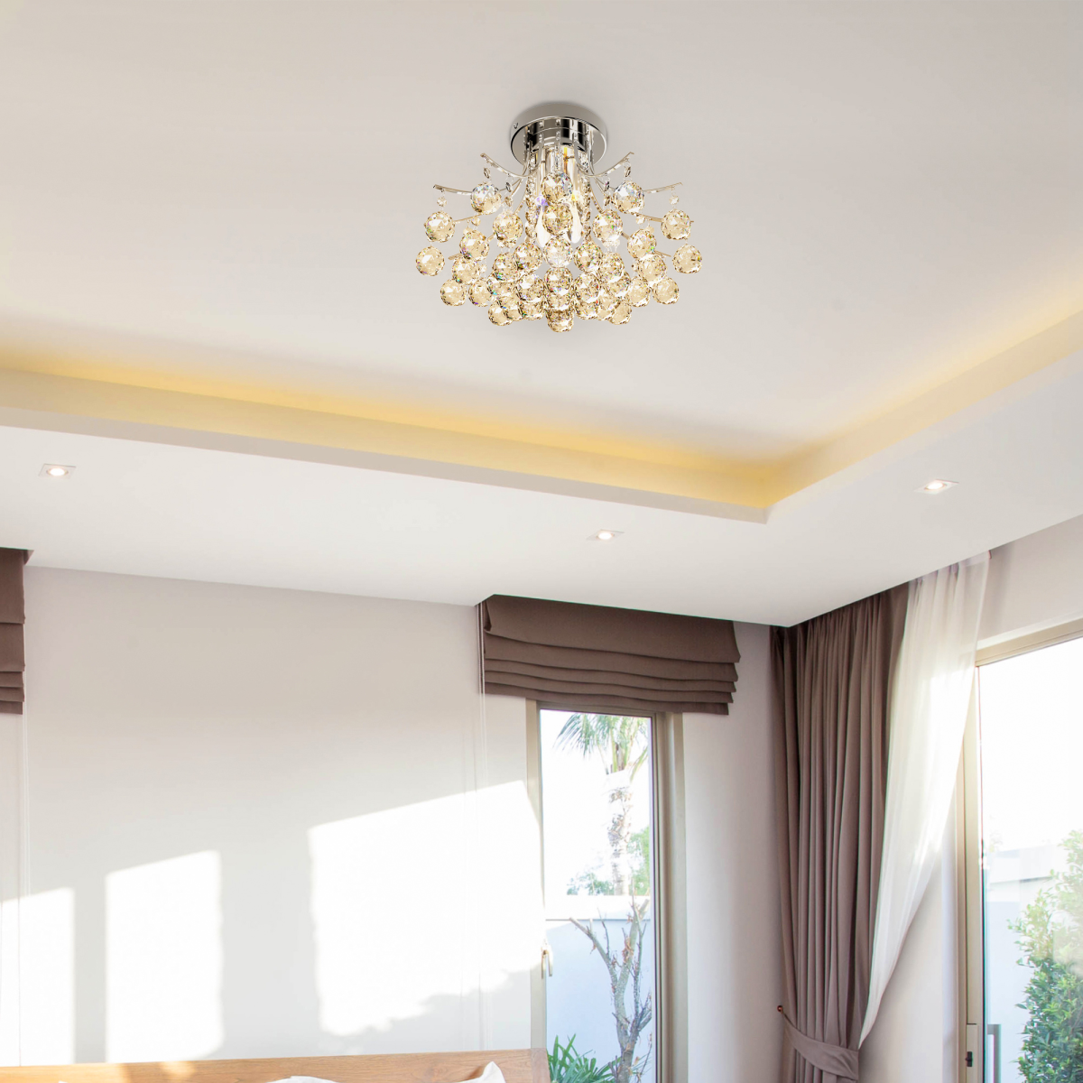 HOMCOM Modern K9 Crystal Ceiling Chandelier with pendant light design, featuring clear crystal accents and contemporary style.