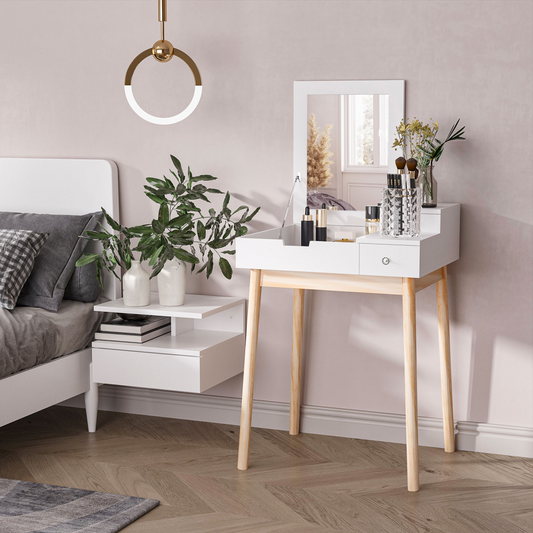 White dressing table desk with flip-up mirror, two drawers, ideal for bedroom makeup storage