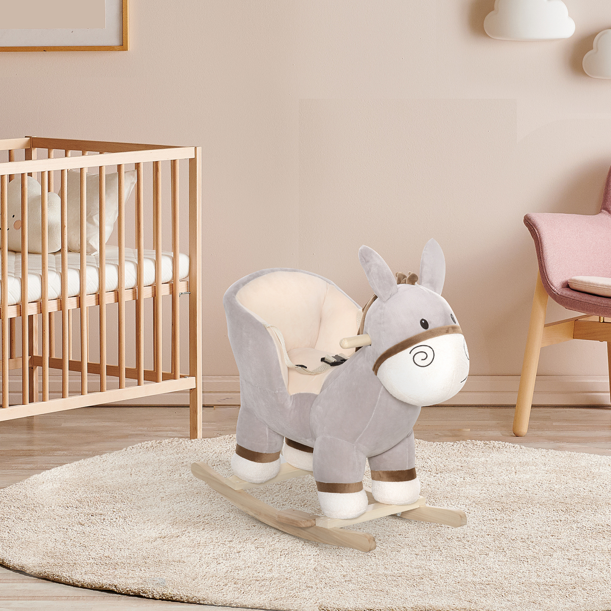 Kids ride-on rocking donkey with plush body, sound features, handlebar, seat belt, suitable for children, unbranded.