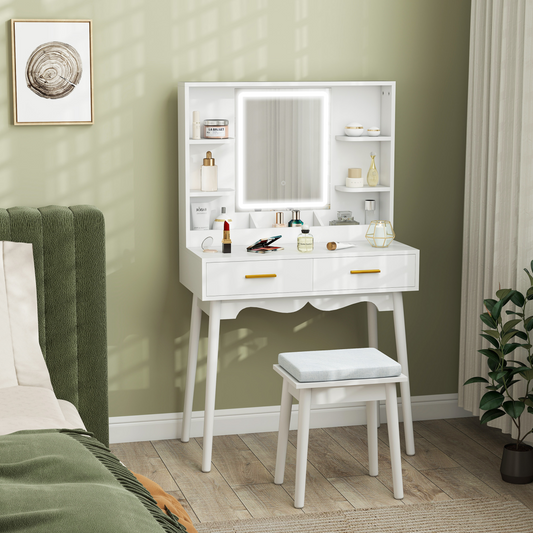 White HOMCOM dressing table with LED lighted mirror and cushioned stool, featuring a sleek design and ample storage space.