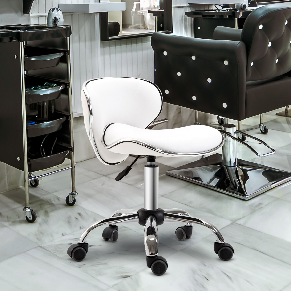 White HOMCOM office salon technician stool with low back, rolling casters, and adjustable height for beauty salon or office use.