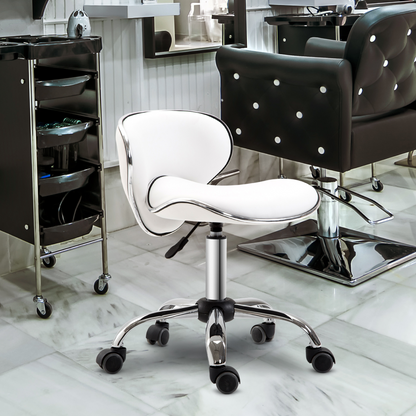 White HOMCOM office salon technician stool with low back, rolling casters, and adjustable height for beauty salon or office use.