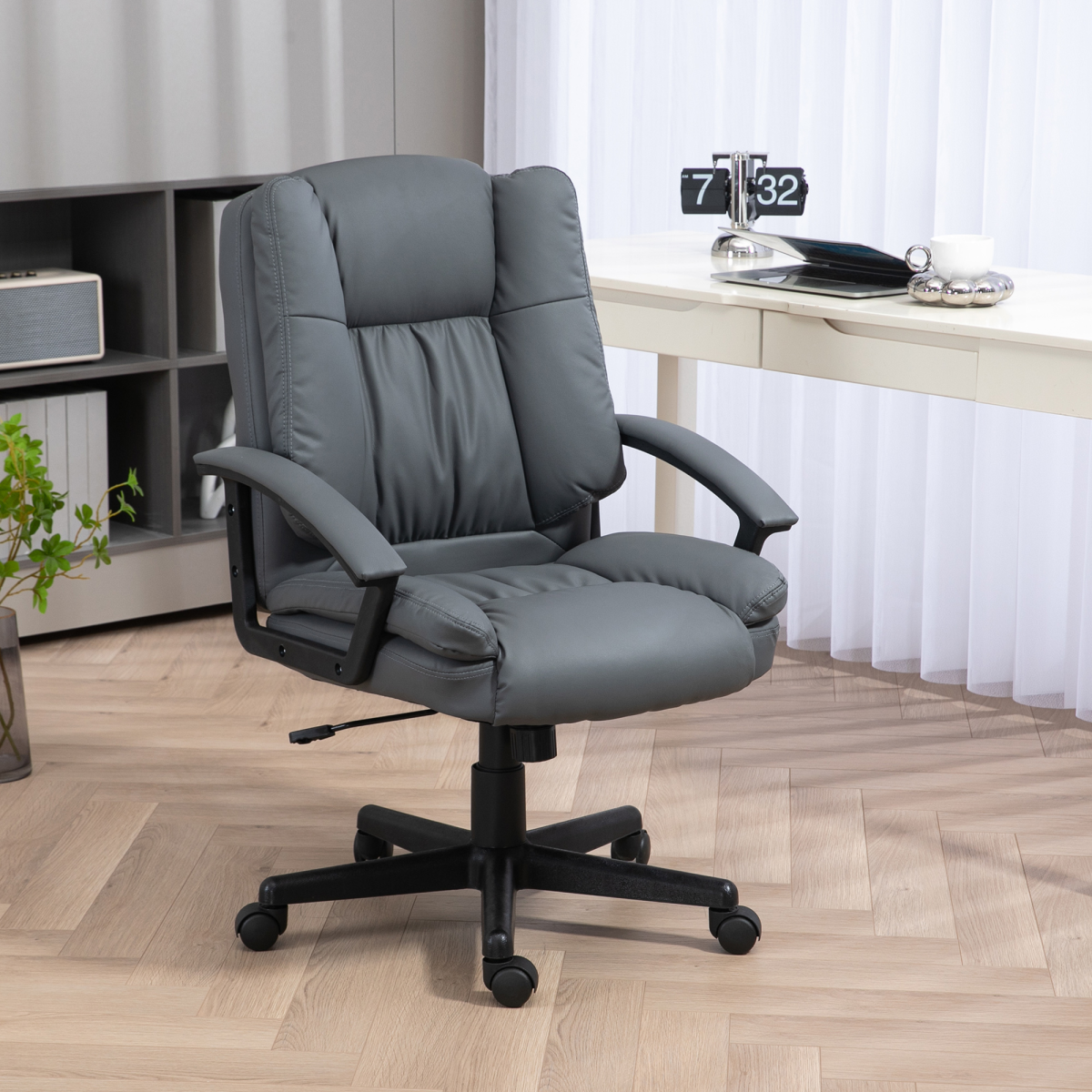 HOMCOM faux leather home office chair with dark grey fabric, mid-back design, armrests, and modern ergonomic style.