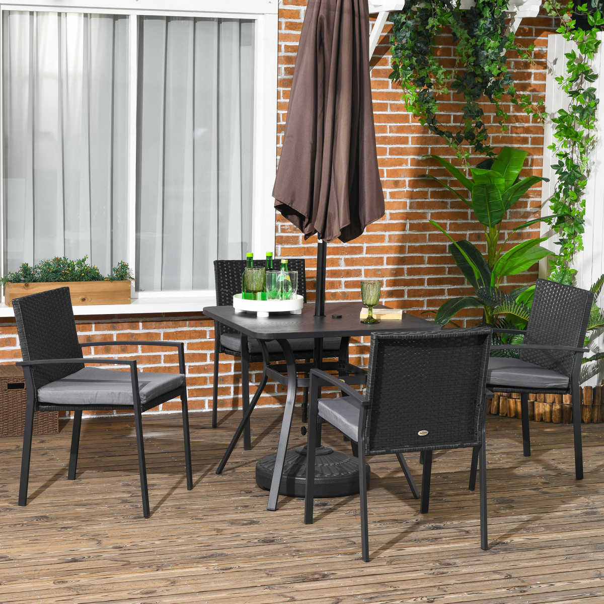 Black 4 seater rattan garden dining set by Outsunny with table, four chairs, and umbrella hole for outdoor use