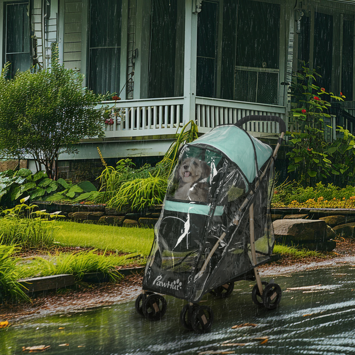 Green PawHut pet stroller for small dogs with rain cover, featuring a compact design and comfortable carriage for XS and S pets.