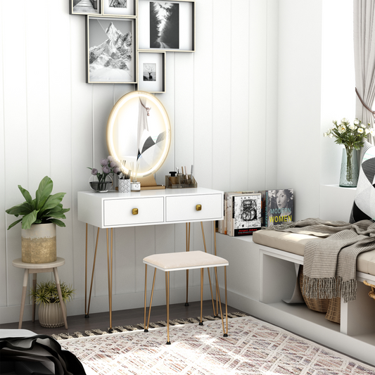 HOMCOM dressing table set with LED mirror, two drawers, and matching stool for makeup and beauty routines.