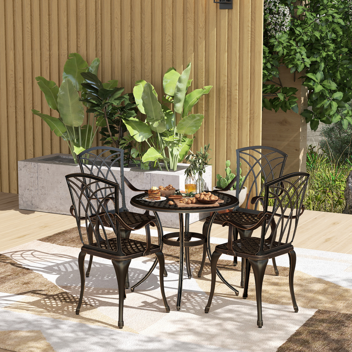 Outsunny 5-piece garden dining set with bronze-tone table and chairs, outdoor furniture for patio or garden dining.