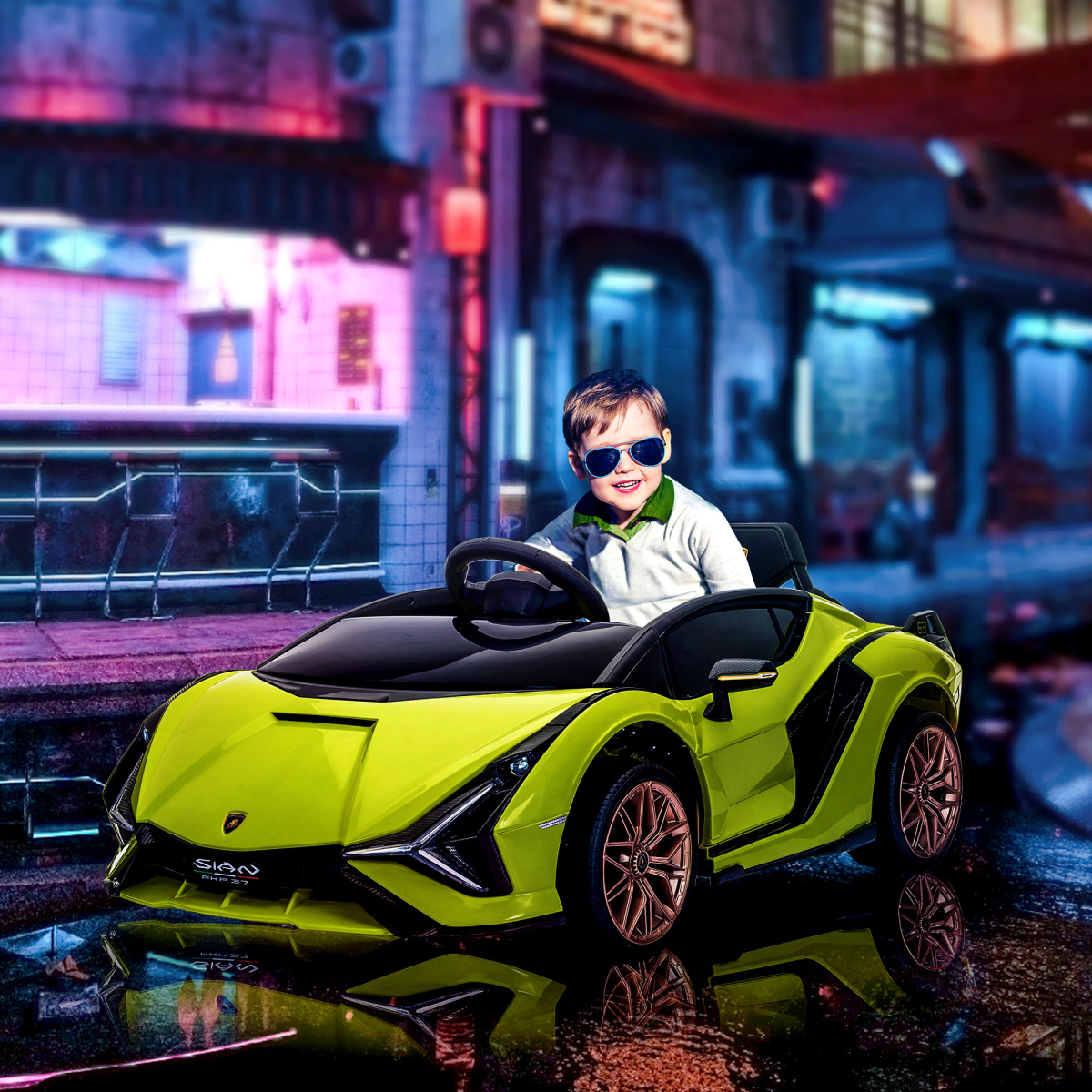 Lamborghini SIAN 12V kids electric ride-on car toy with remote control, featuring sleek black design and realistic Lamborghini styling.