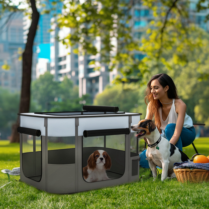 Grey portable dog pen by PawHut, suitable for puppies, rabbits, kittens, and guinea pigs, shown with mesh sides and secure door.