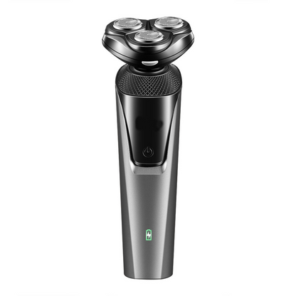 USB rechargeable 3-in-1 men's beard, nose hair trimmer and shaver with ergonomic design and multiple attachments.