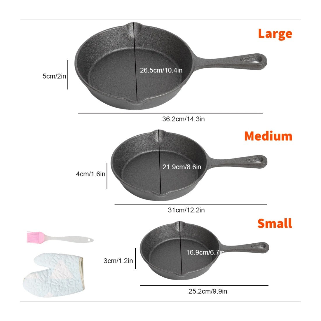 HOMCOM 3-pack cast iron non-stick skillet griddle frying pans with seasoned surface, ideal for cooking and frying.