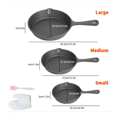 HOMCOM 3-pack cast iron non-stick skillet griddle frying pans with seasoned surface, ideal for cooking and frying.