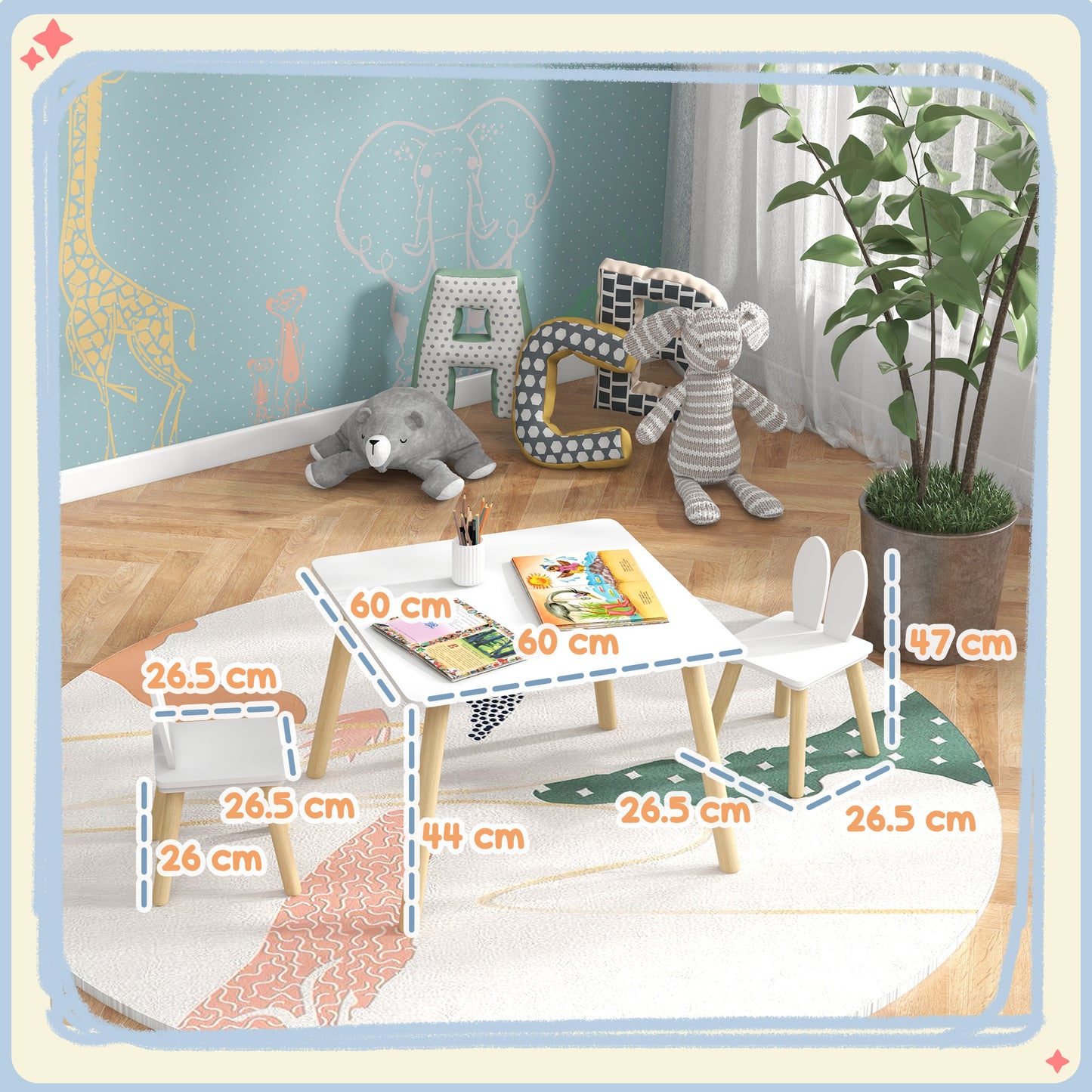 HOMCOM 3-piece toddler table and chair set with bunny ear backrest, children’s nursery or playroom furniture.