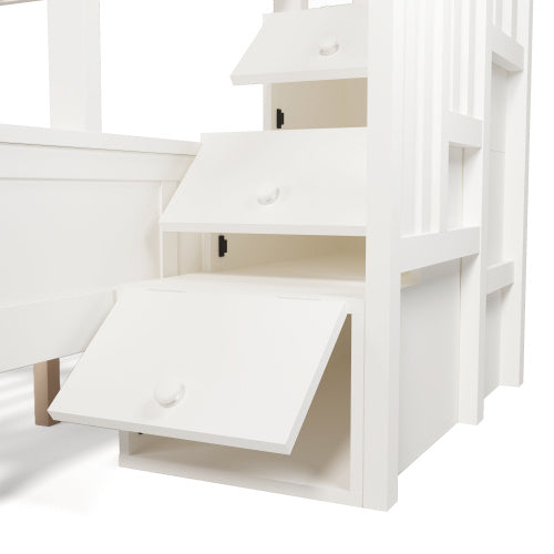 Kids Bunk Bed with Staircase Drawers & Storage – Solid Wood White Frame