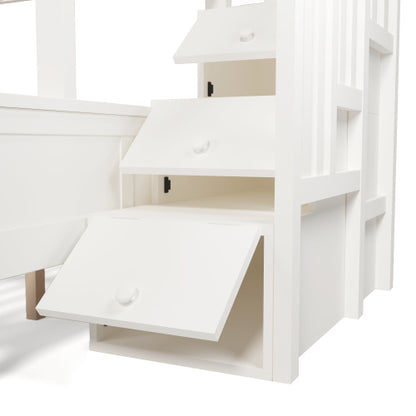 Kids Bunk Bed with Staircase Drawers & Storage – Solid Wood White Frame