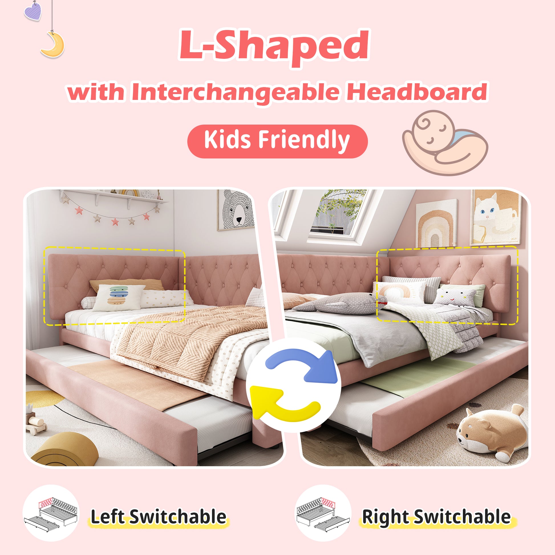 Pink velvet upholstered daybed with pull-out trundle bed, 3ft single sofa bed, slatted frame, suitable for adults and kids.