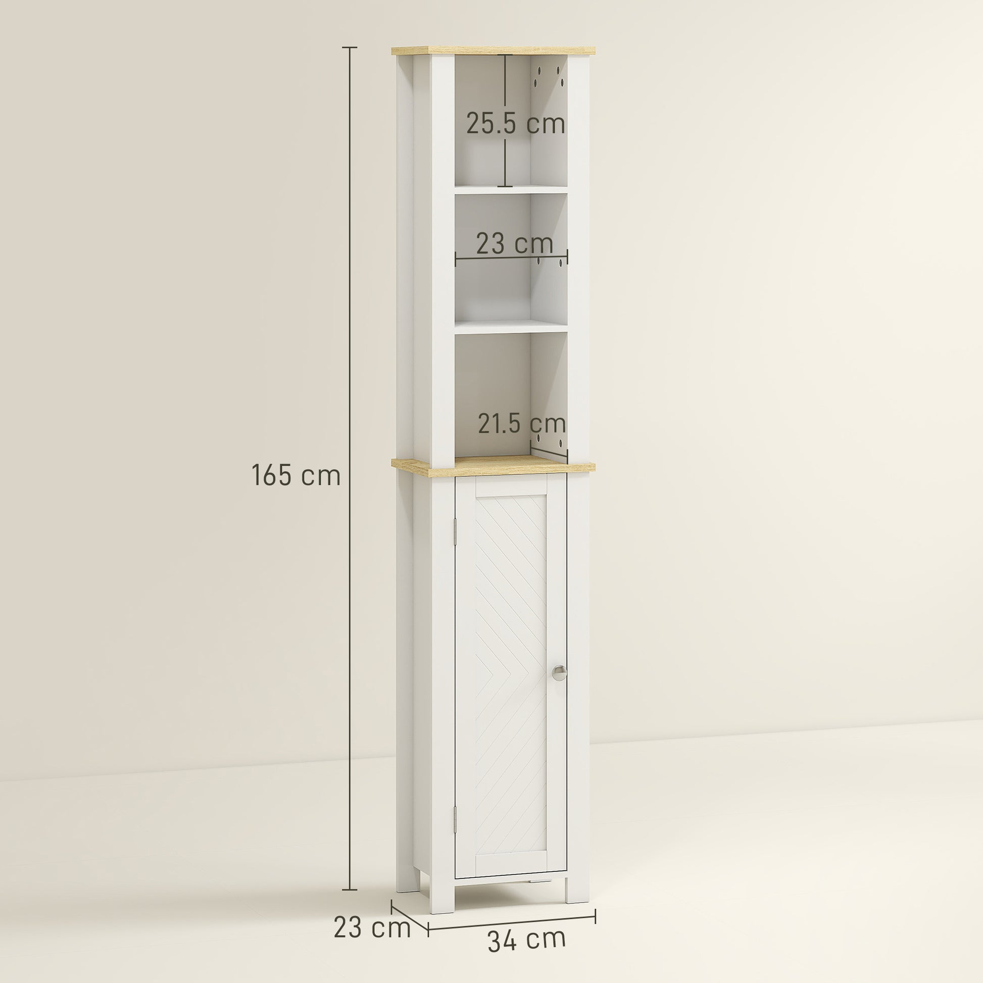 HOMCOM Kleankin slim white bathroom storage cabinet with open compartment and adjustable shelf, measuring 34x23x165 cm.