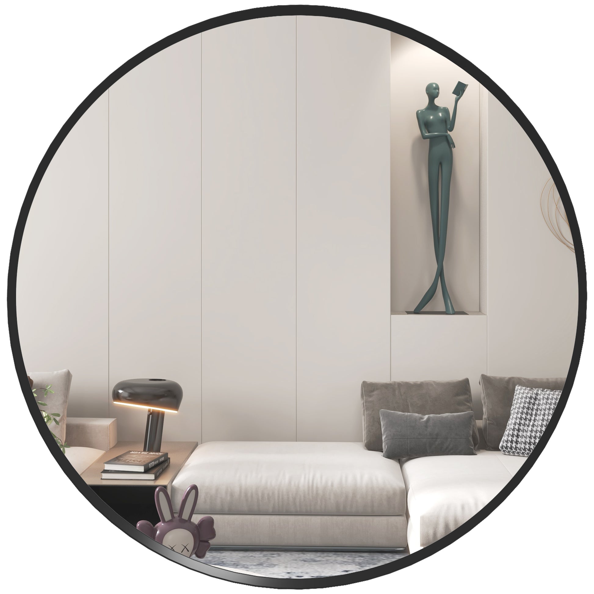 Modern black 61cm round wall mirror by HOMCOM, ideal for bedroom or living room decor, suitable for bathroom or home use.